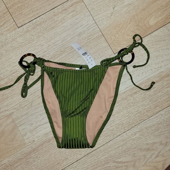 J.Crew String Bikini Bottom Women M Curved Waist Cheeky Ribbed Rings Green Swim - Picture 1 of 8